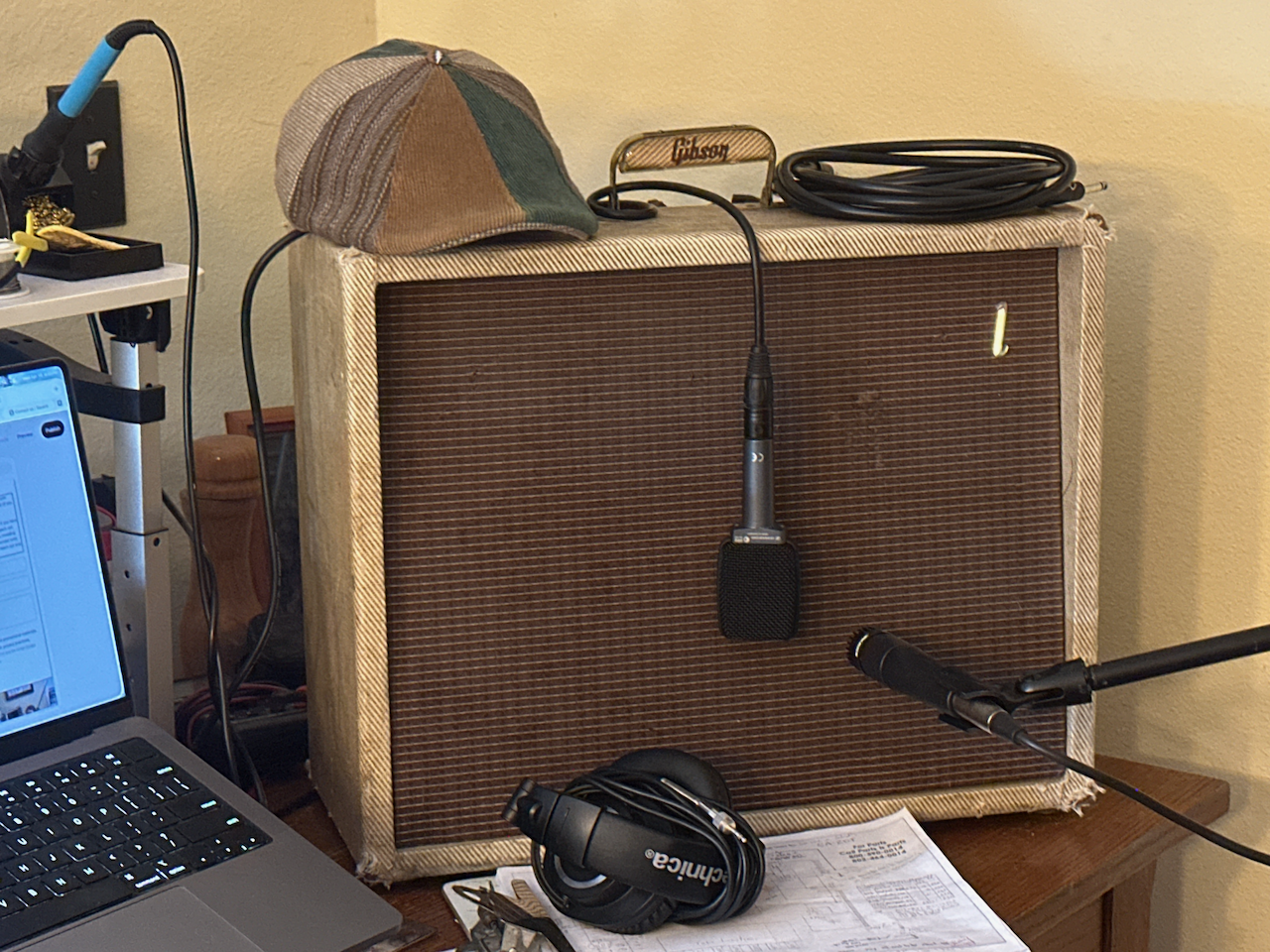 Vintage vacuum tube guitar amplifier buttoned up after some maintenance and repair.