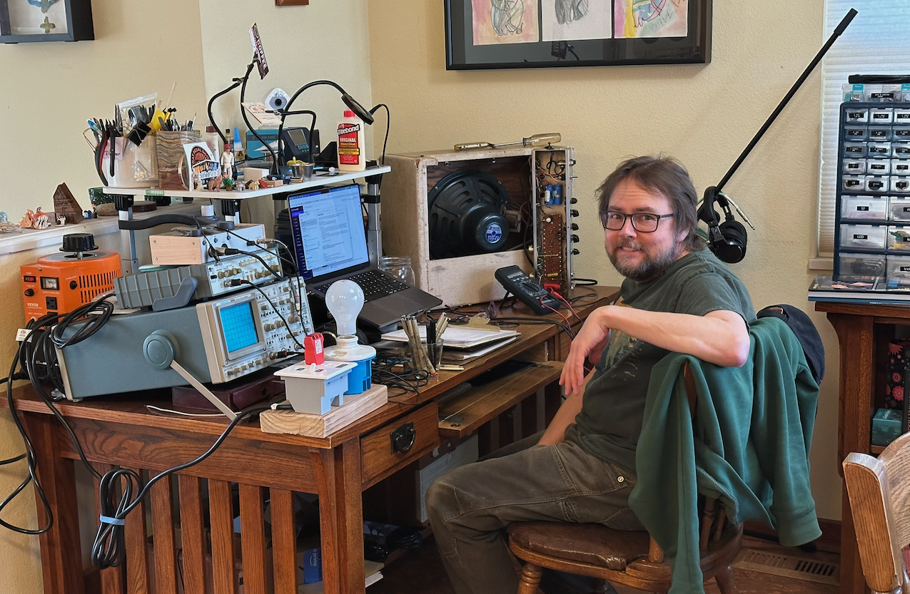 Blake's small workbench setup for amp repair and testing.